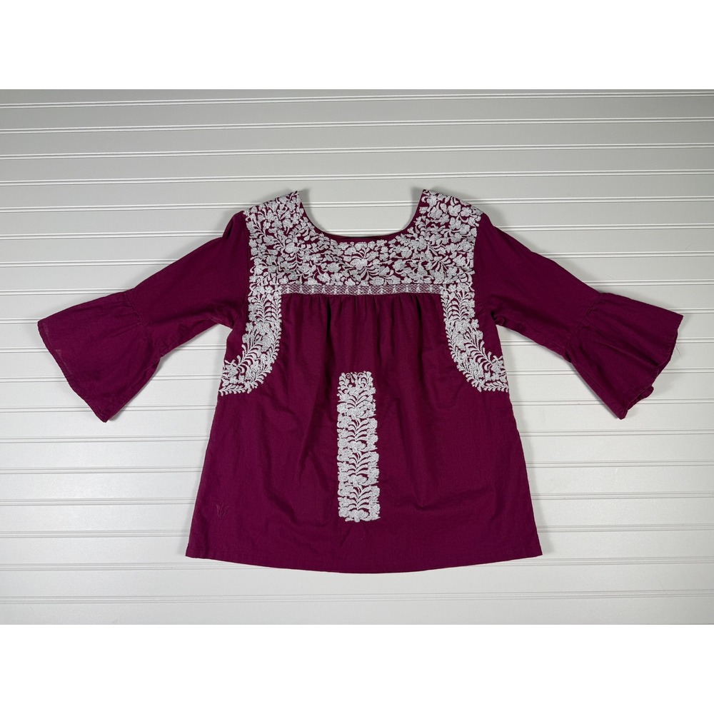 J Marie Linen Blend Embroidered Peasant Tunic Blouse Empire 3/4 Bell Sleeve Boho